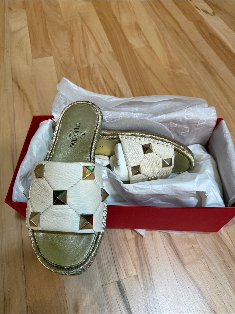 Valentino White Leather Slide Mules with Gold Studs